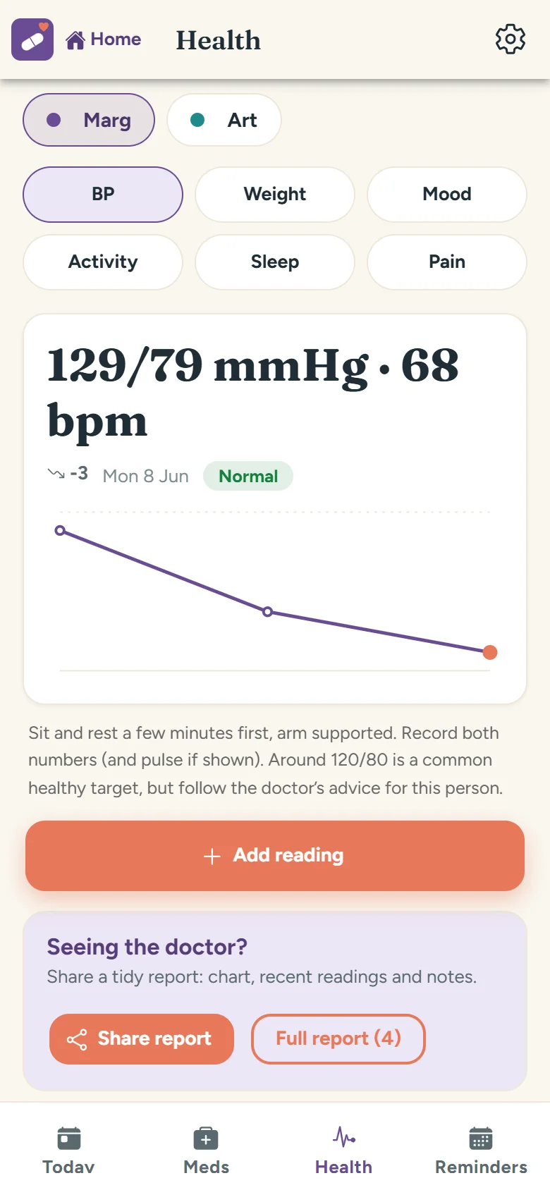 Health screen: blood pressure chart reading 129 over 79 marked Normal, with a shareable doctor report