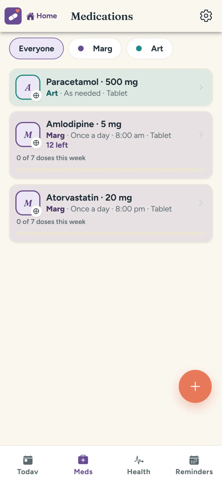 Meds screen: each medicine in plain words with strength, dose and time