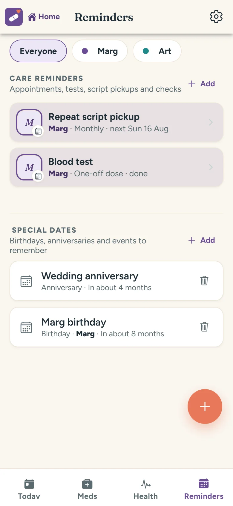Reminders screen: repeat script pickups and blood test reminders