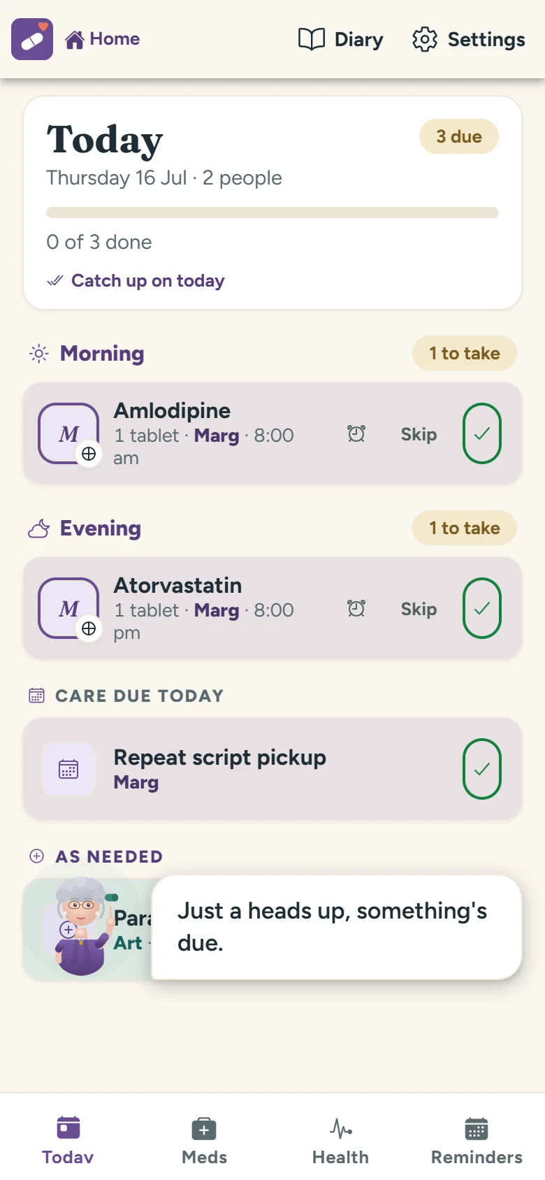 Treat the Babs Today screen: large-print morning and evening medications for Marg and Art, with big tick buttons