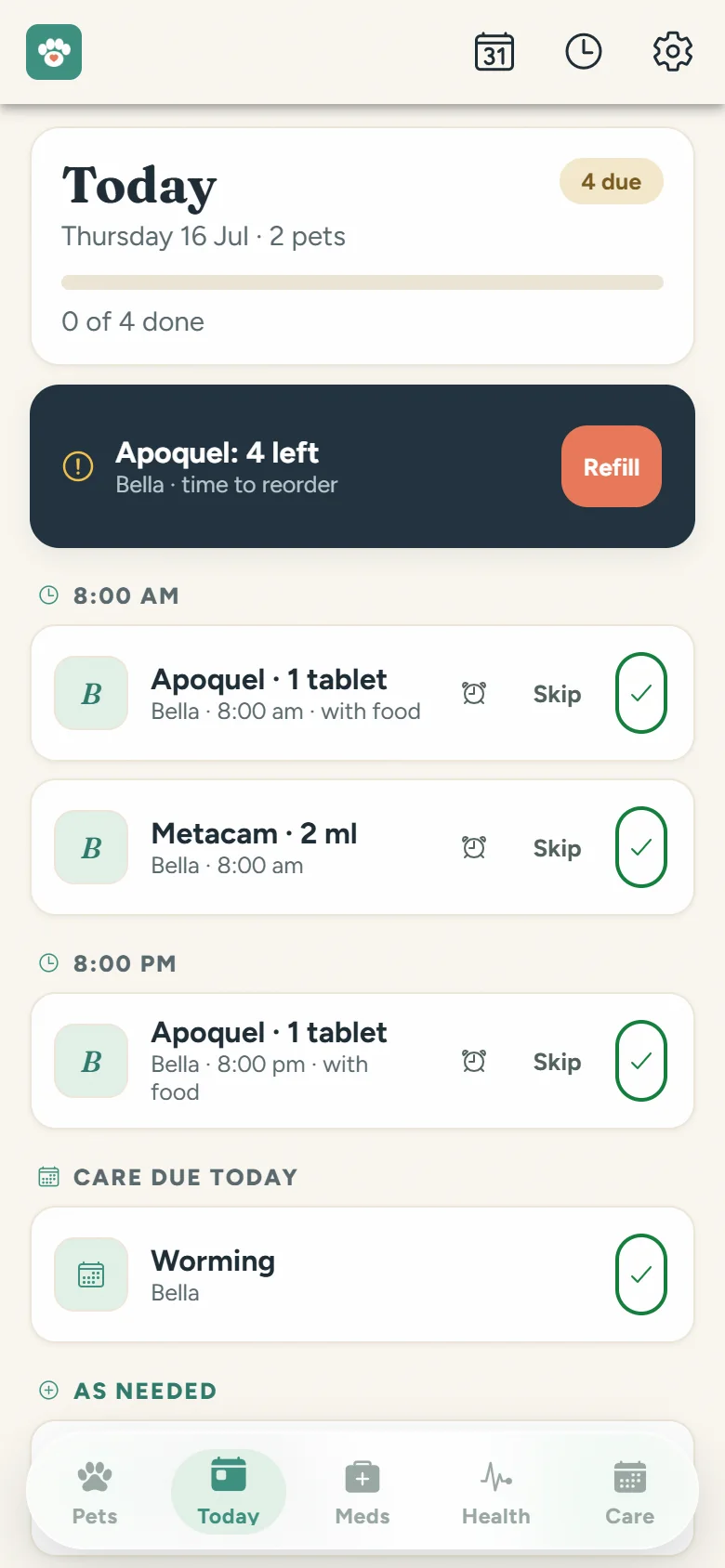 TreatMyPet2 Today screen: doses due for two pets, a refill alert for Apoquel, and care tasks